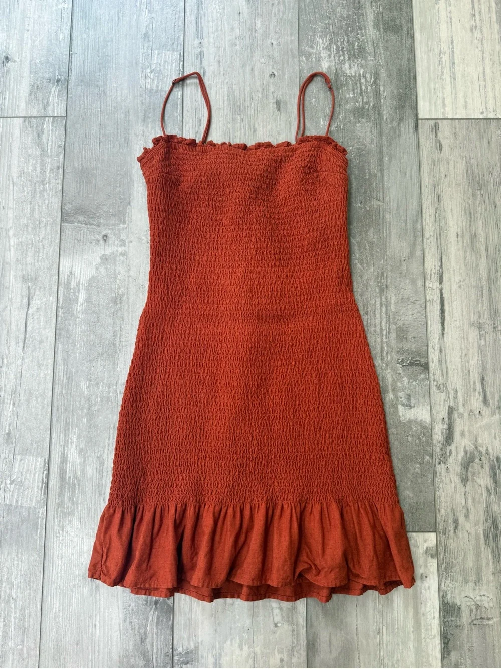 Abercrombie & Fitch Smocked Linen Blend Mini Dress Rust Orange Size Small - Picture 3 of 12
